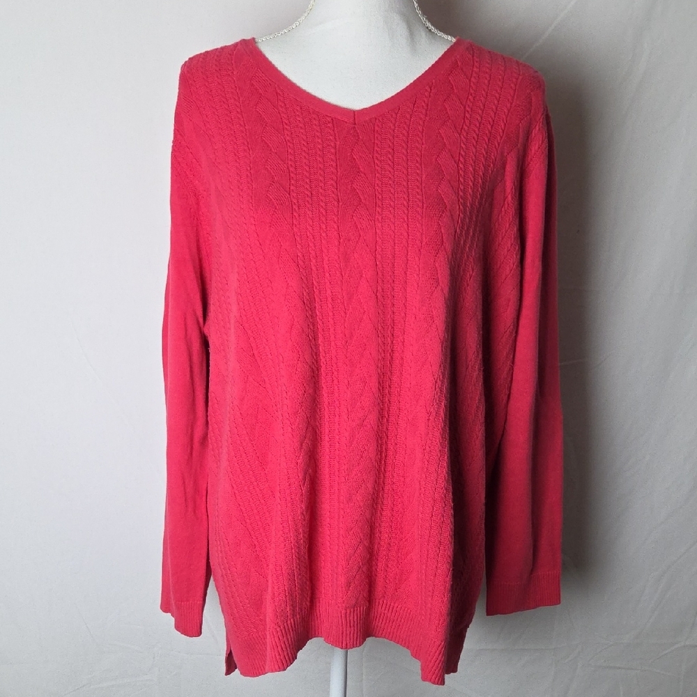 Talbot's Women's Vibrant Pink V-Neck Cable Knit Long Sleeve Sweater Size 2X